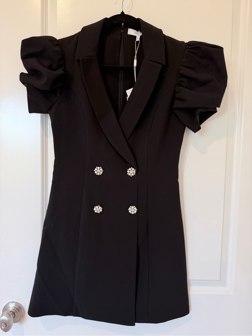 Likely Black Puff-Sleeve Double-Breasted Mini Dress